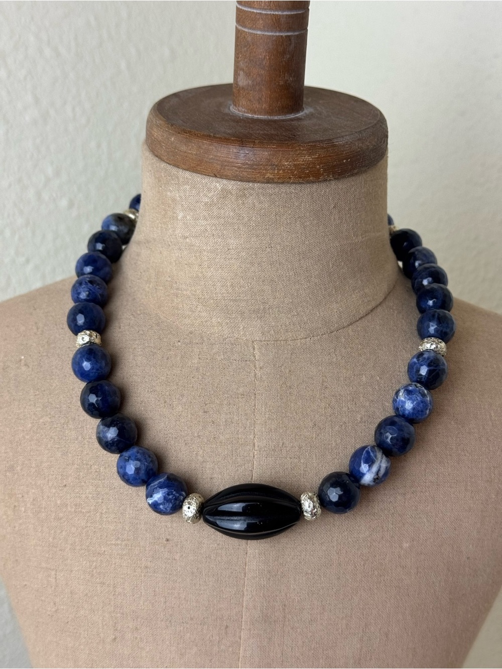 Sodalite Beaded Necklace with Carved Onyx Focal Bead